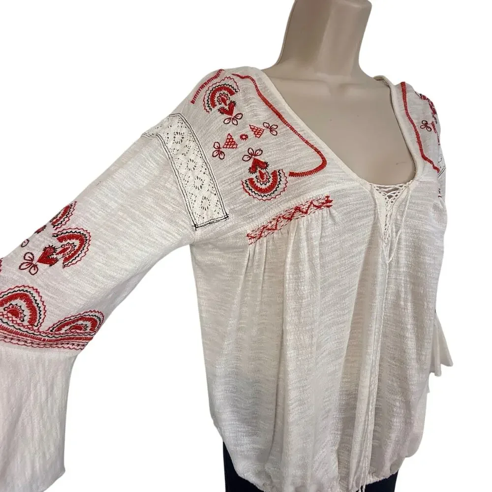Free People Chiquita Ivory Peasant Top Orange Embroidery Flutter Bell Sleeves